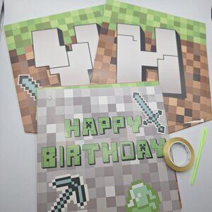 Minecraft Themed Happy Birthday Banner Kids Party Decorations 15 Pieces Ribbon